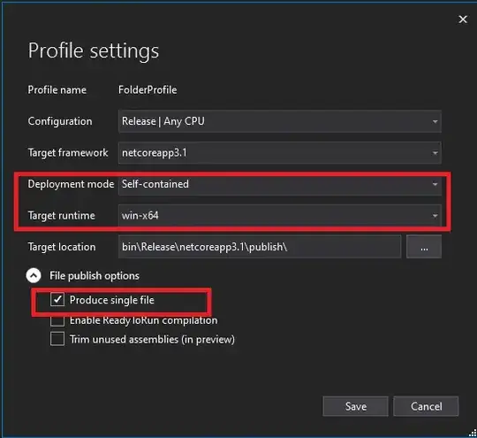 Диалоговое окно параметров профиля с выделенными параметрами для режима развертывания, целевой среды выполнения и создания отдельного файла