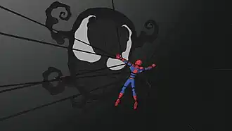 Человек-паук психологически сражаетсяс симбионтом в своём сознании