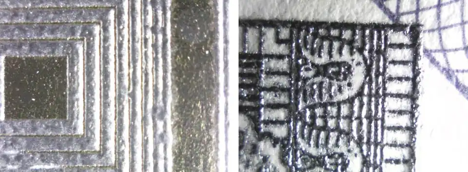 Металлизированная краска. Слева направо: 1) серебро; 2) золото