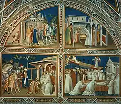 1. Св. Бенедикт покидает Рим. 2. Чудо с решетом. 3. Тотила перед св. Бенедиктом. 4. Успение св. Бенедикта