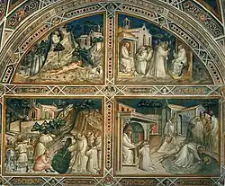 1. Испытание св. Бенедикта. 2. Бенедикт сокрушает оружие братии. 3. Чудо с серпом. 4. Чудесное спасение Плацидия