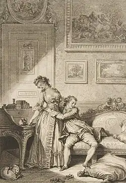 Скупая женщина и галантный мошенник. Иллюстрация к «Сказкам и рассказам в стихах» Жана де Лафонтена. 1795. По рисунку Ж.-О. Фрагонара. Офорт, резец