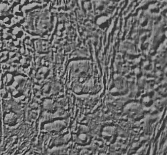 Кратер Фитна (в левом верхнем углу), снятый космической станцией Кассини-Гюйгенс. В центре находится больший по размеру, кратер Аййуб