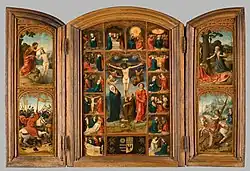 Распятие с семью печалями и семью радостями Марии (в 14 клеймах); Иоанном Крестителем, Иаковым Зеведеевым (Компостельским), Иеронимом (?) и Георгием Победоносцем (на боковых створках). Триптих. Дерево, масло. Государственный музей Твенте, Энсхеде