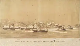 Бразильский флот обстреливает парагвайские укрепления.