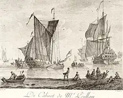 Корабли у берега в штиль. Офорт по картине А. Сторка