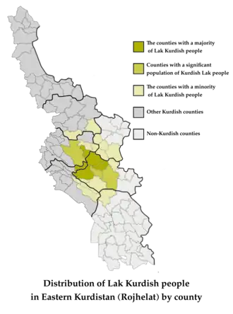 Распространение диалекта лаки на карте Иранского Курдистана