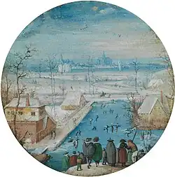 Зимний пейзаж с конькобежцами. Между 1560 и 1593. Бумага на меди, гуашь. Частное собрание