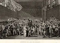 Клятва в зале для игры в мяч в Версале 20 июня 1789 года. По картине Ж. Л. Давида. Офорт, резец