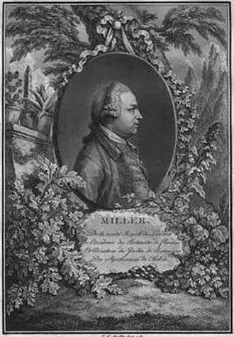 Титульный лист французского издания «The Gardeners Dictionary» 1787 года, на котором ошибочно размещён портрет Джона Миллера