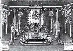 Катафалк Петра I. Гравюра А. И. Ростовцева по рисунку М. Г. Земцова