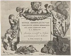 Путти украшают памятник гирляндами. Титульный лист серии гравюр «Некоторые указания о различных детях, раскрытые Г. В. Экхаутом». 1640—1655