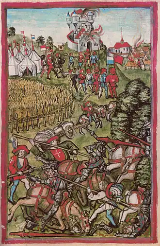 Повозка с провизией швейцарских конфедератов, на которую напали рыцари Передней Австрии. Иллюстрация из Люцернской хроники).