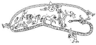 Рисунок с камня Сигурда (Sö 101 — так называемая резьба из Рамсунда), описывающий события саги