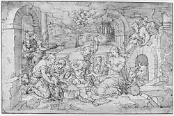 Поклонение пастухов. Бумага, тушь, белила, перо, кисть. Метрополитен-музей, Нью-Йорк