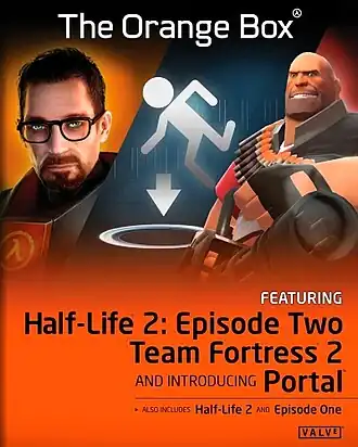 Обложка с изображением Гордона Фримена, главного героя серии Half-Life, логотипа Portal и персонаж «Пулемётчик» из Team Fortress 2.