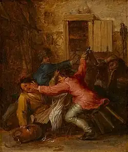 Интерьер с крестьянской дракой. Между 1630 и 1644. Дерево, масло. Частное собрание